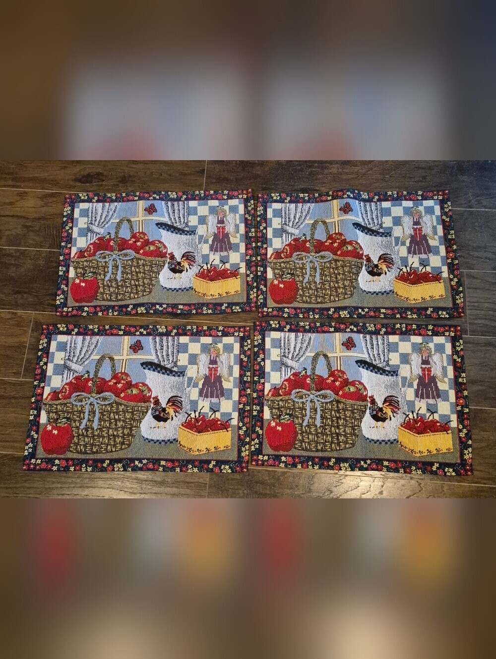 Vintage Tapestry Set of 4 Table Place Mats Country Primitive Apple Rooster Angel
